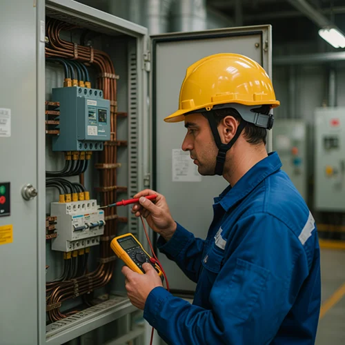 technician inspecting an electrical panel with both a voltage stabilizer and a protective disconnect device