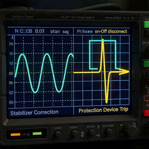 oscilloscope comparison showing voltage sag correction by a stabilizer vs. on/off disconnect of a protection device