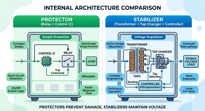 Simple infographic comparing internal architecture of a protector (relay + control IC) vs a stabilizer (transformer + tap changer + controller)